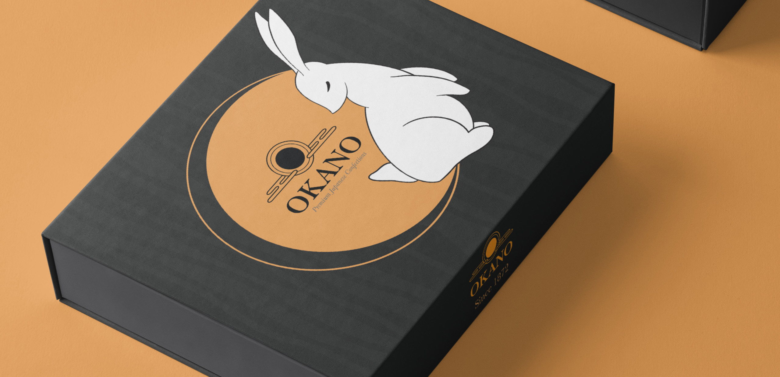 Hero image of box mockup with a rabbit and word Okano on it