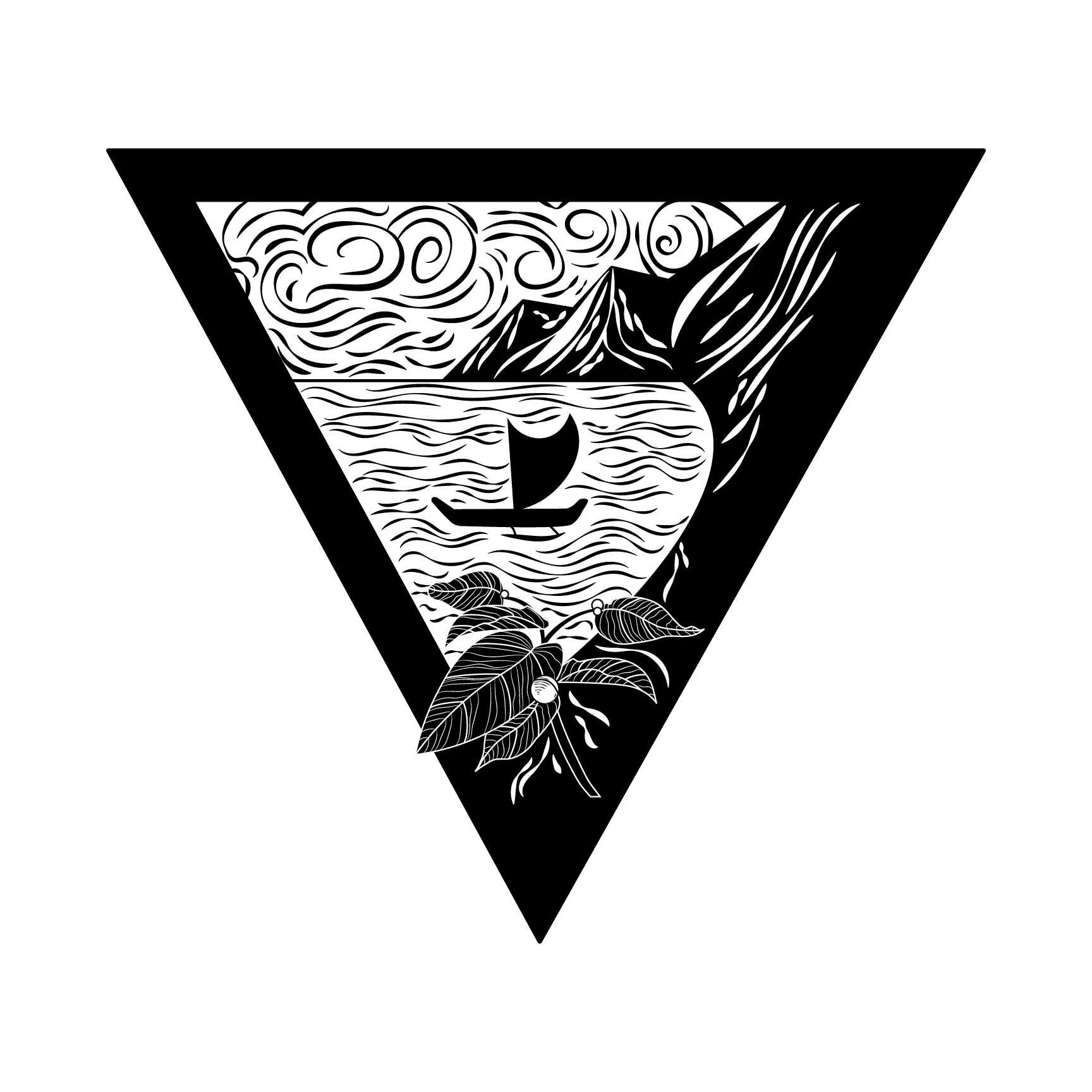 Third emblem design of a canoe in the middle of an ocean with land on the side