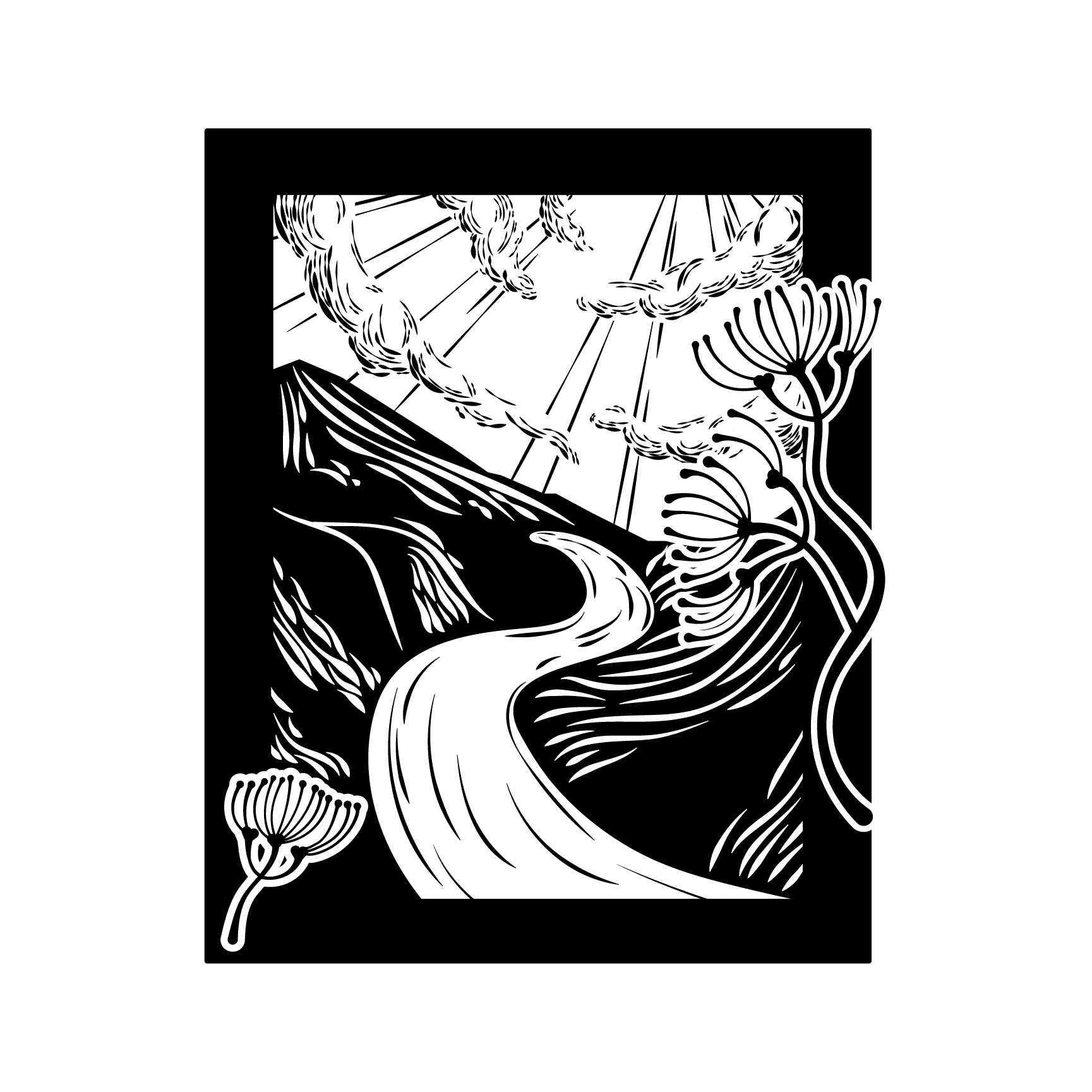 Second emblem design of three ‘Ōhi‘a lehua flowers on the side of a river coursing through a valley