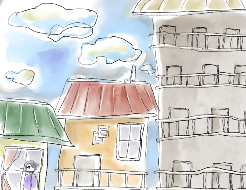 Watercolor style illustration of houses