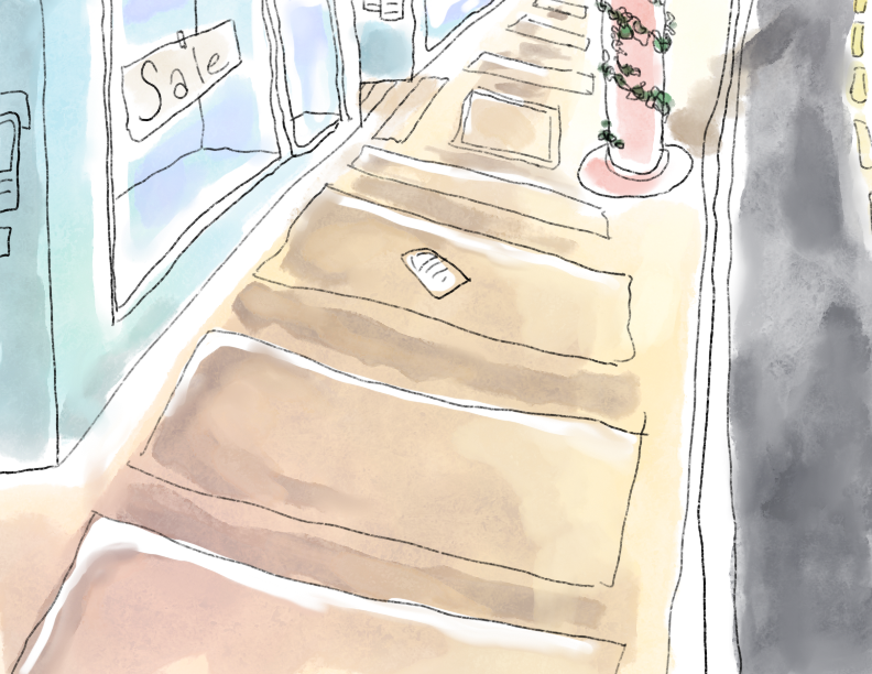 Watercolor style illustration of a sidewalk with stores