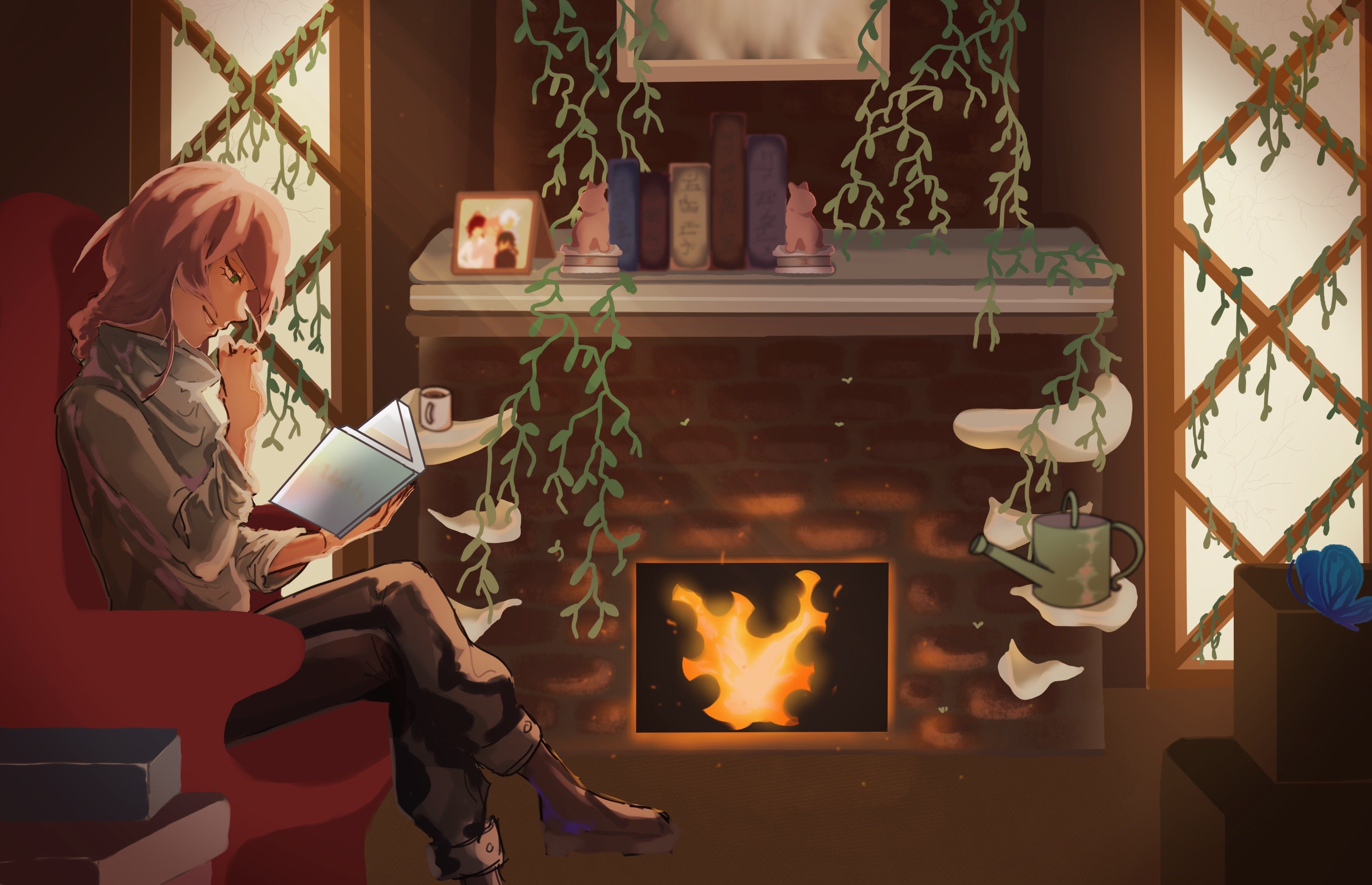 Illustration of a pink haired character sitting by the fireplace reading a book