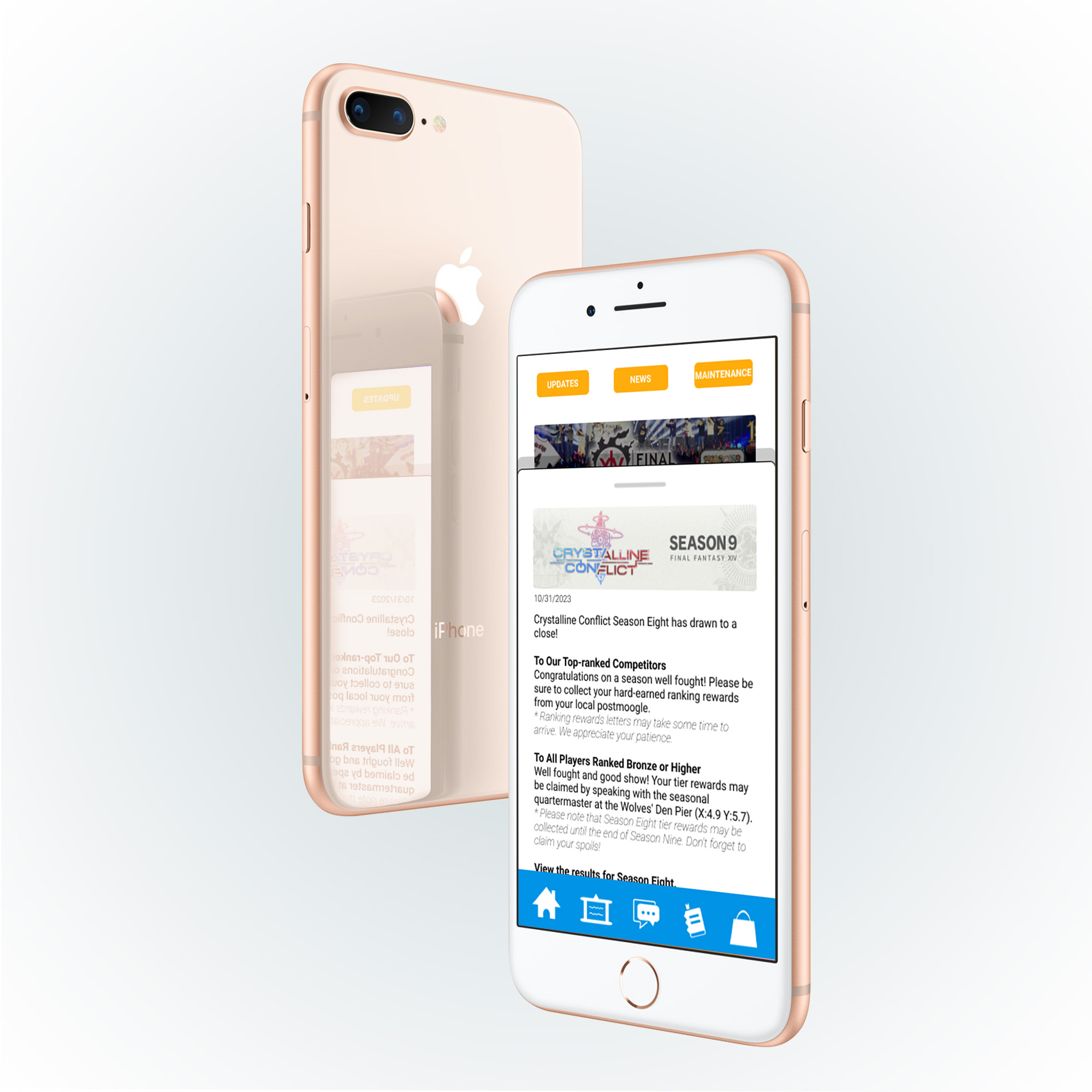 Two phones facing outwards from each other as a mockup of the home page