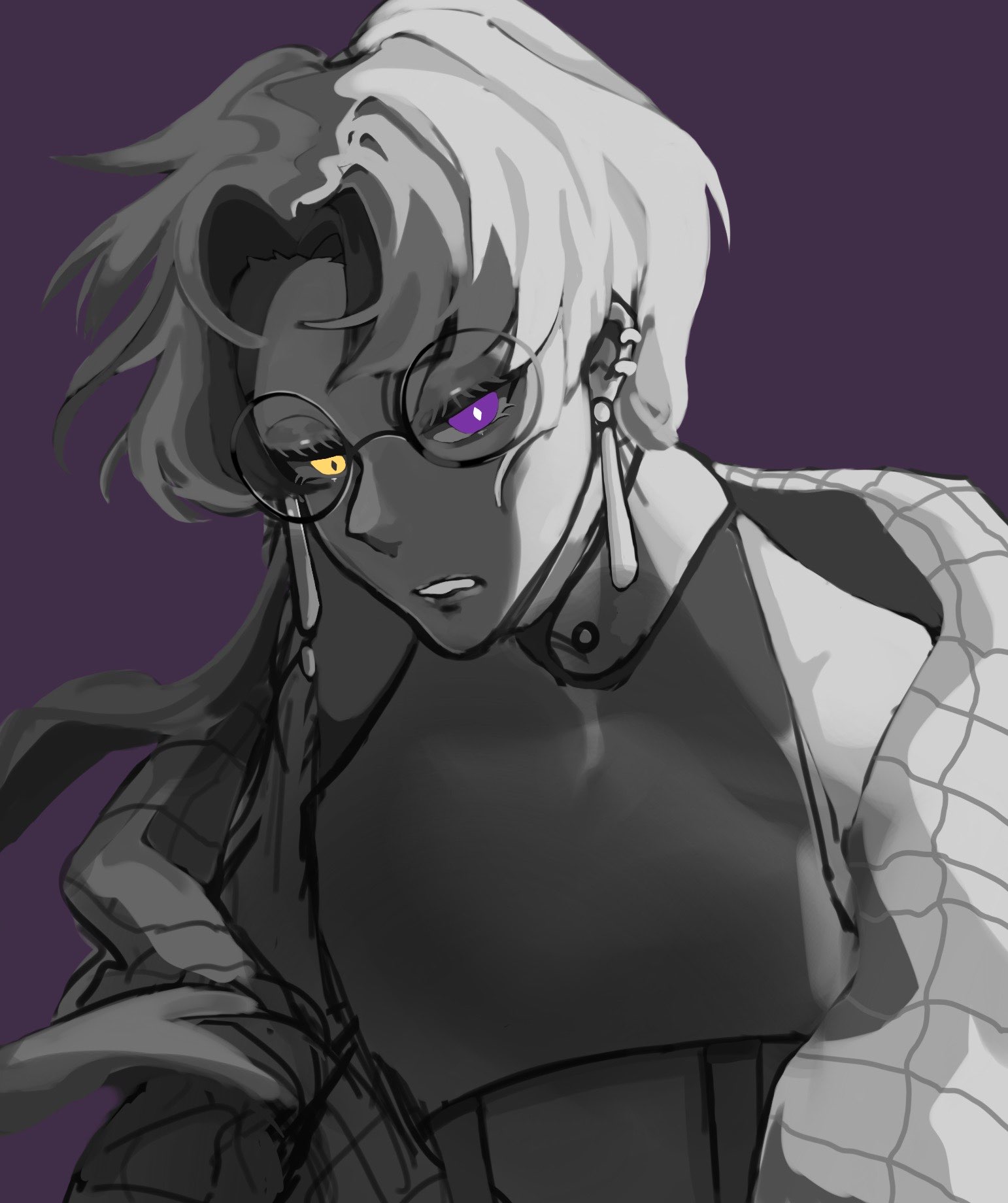 Grayscale drawing of a character with purple and yellow odd eyes