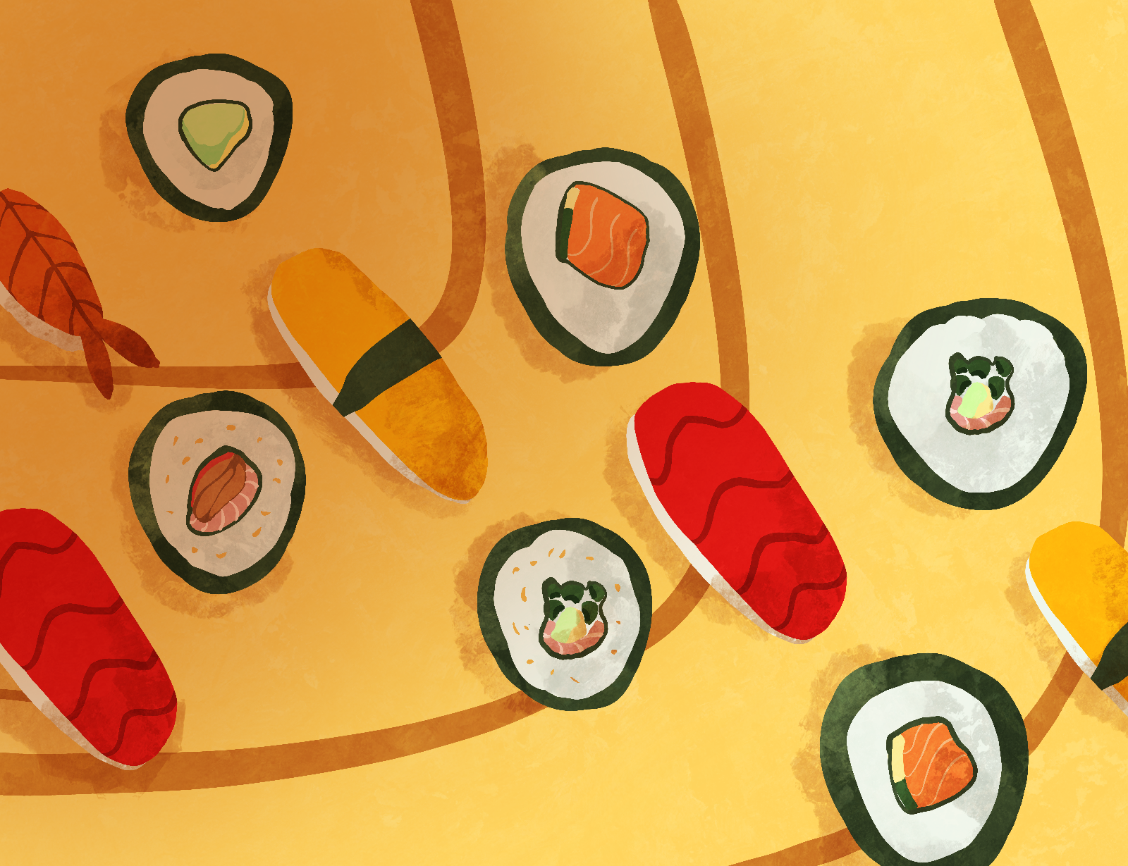 Kuru Kuru Sushi illustration of sushi on conveyor belt