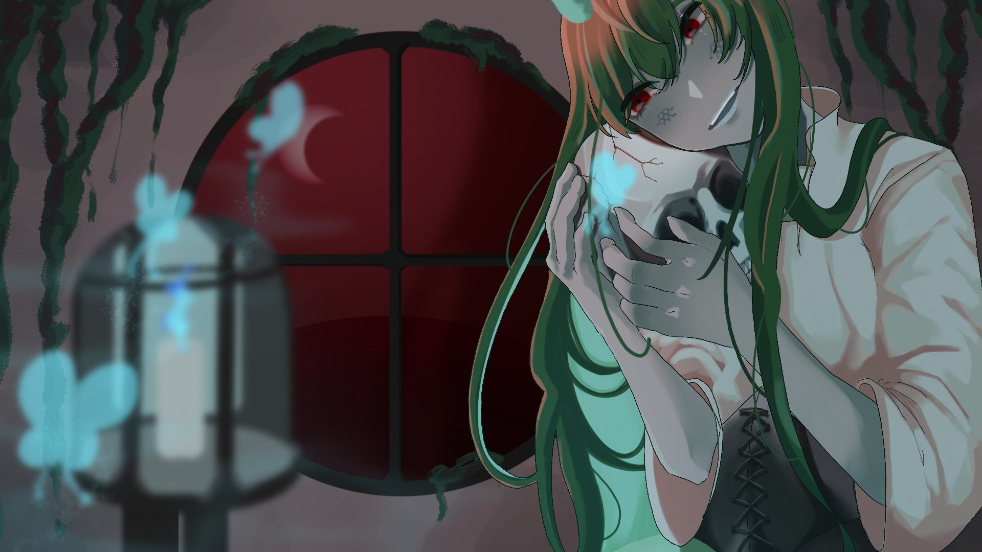 Green haired character holding a skull and gazing out the window